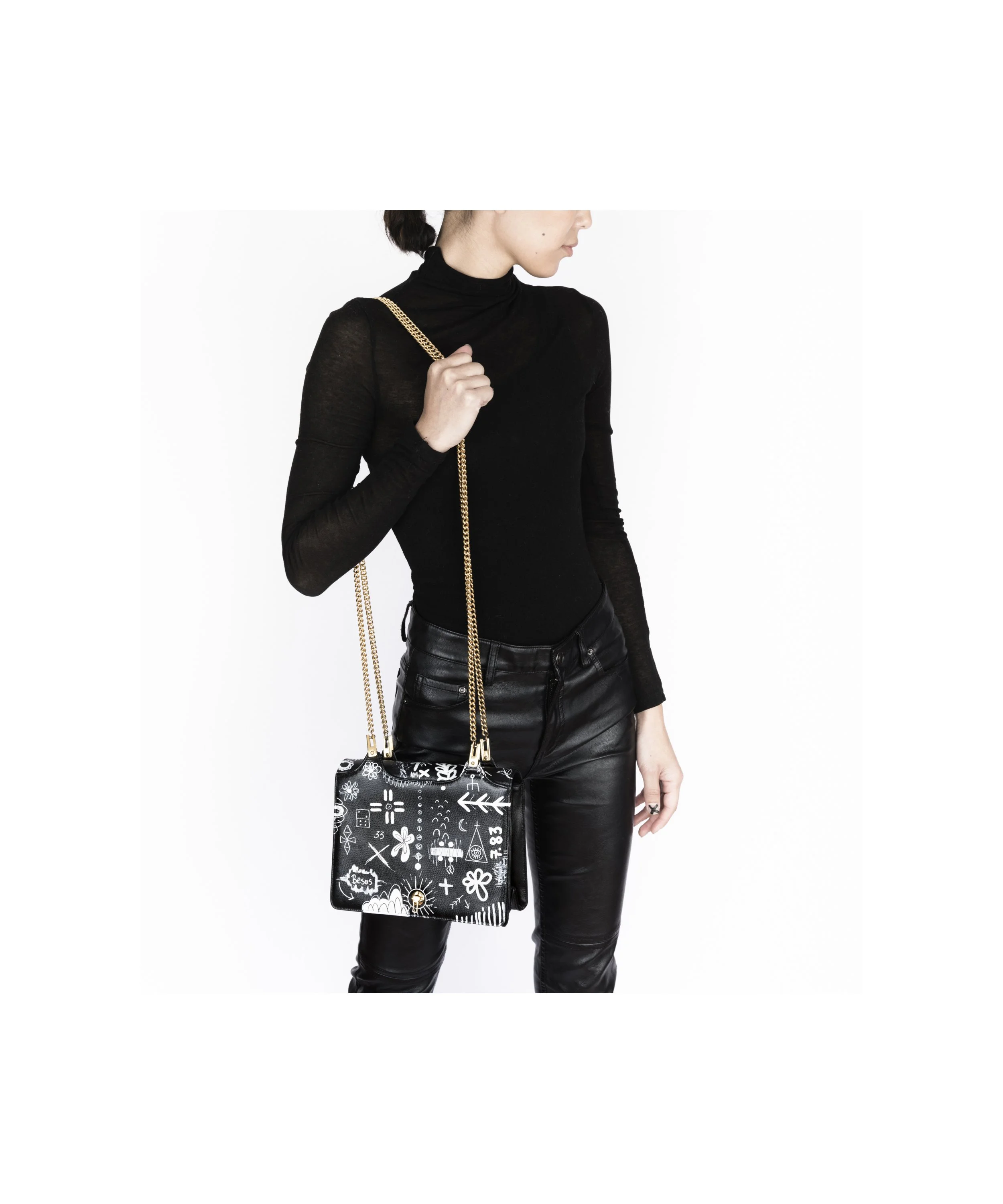 Artistic hand-painted vintage purse in bold symbols by arist Javiera X Estrada