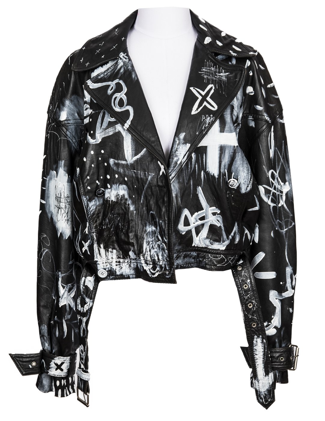 Hand-painted, one-of-a-kind leather coat-wearable art by Javiera X Estrada