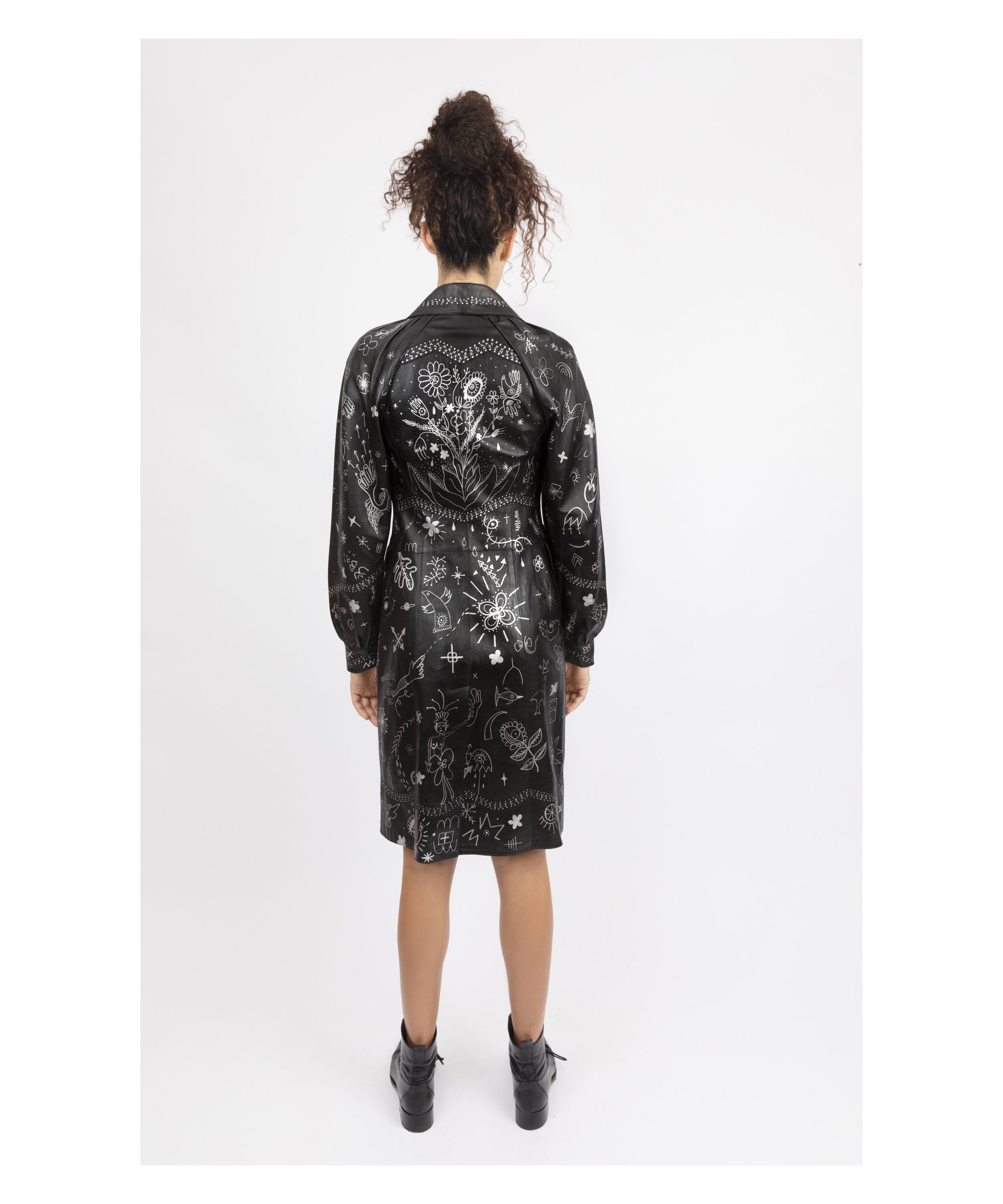 Hand-painted, one-of-a-kind Christian leather trench coat dress