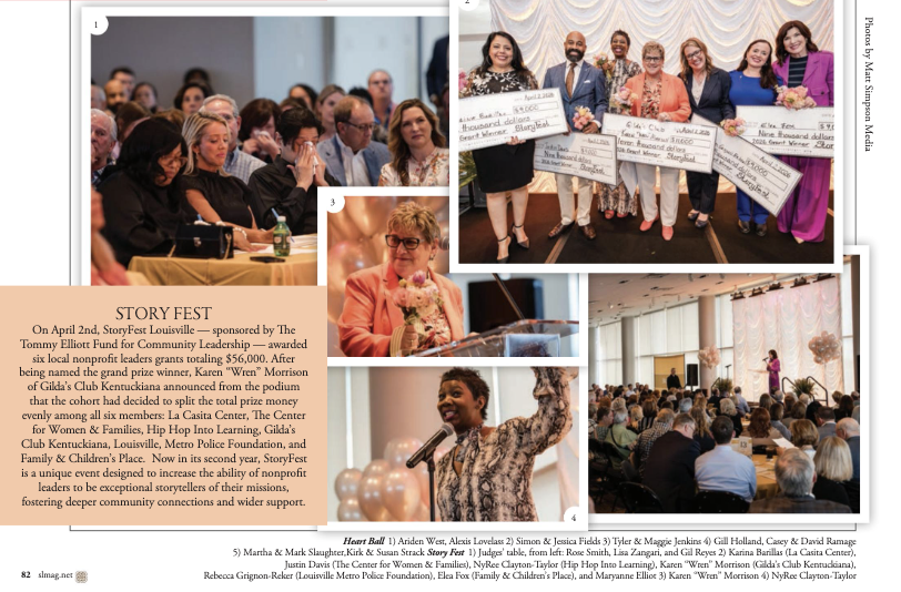 Collage of four images from a StoryFest event, including: an audience seated in a conference room with a presentation, a woman speaking at a microphone in a decorated event space, a group of seven people holding large ceremonial checks on stage, and a woman giving a speech on stage in front of an audience.