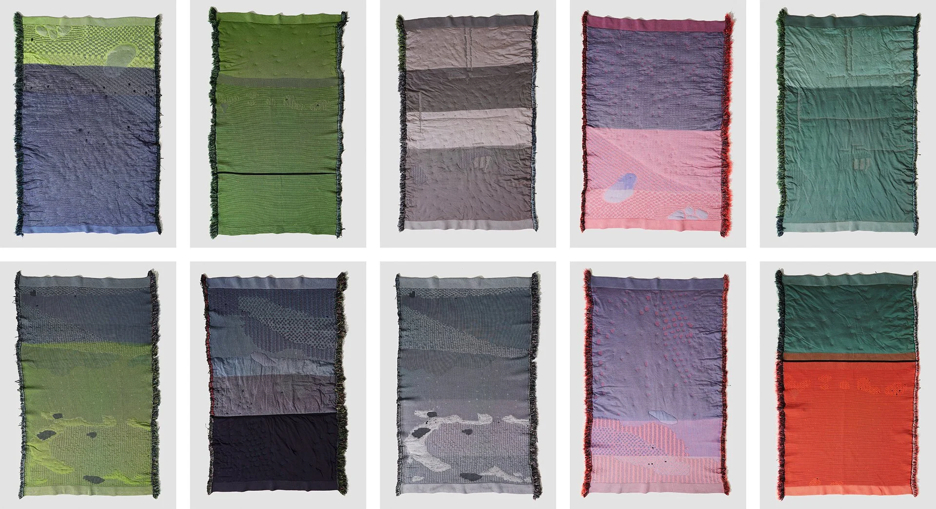 Collection of 3D knit wall hangings in gradient colourways including green, blue, grey, pink, purple and red, with fringed edges and abstract landscape-like patterning. Textile development by Byborre for Cibone.