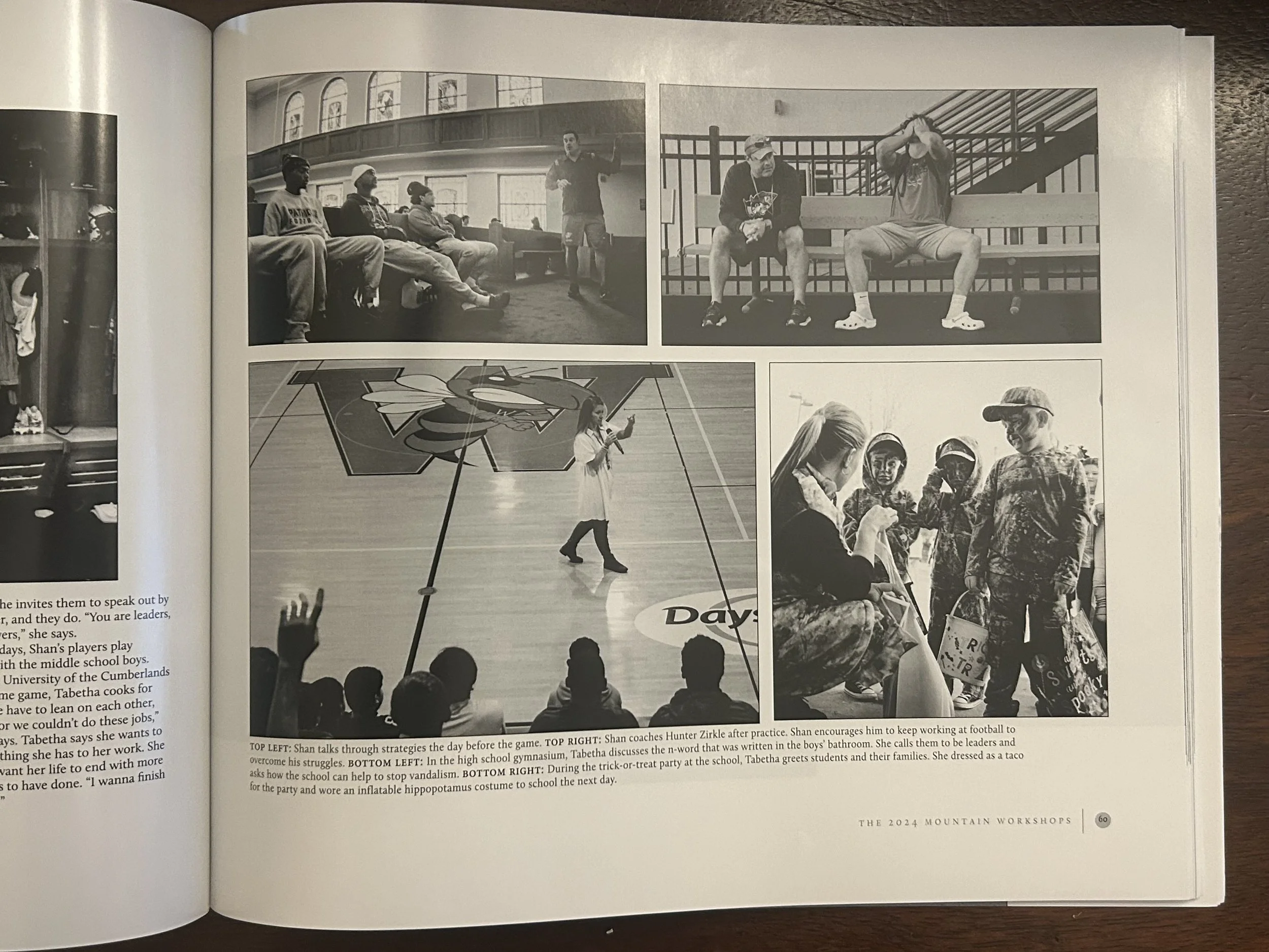 Black and white photo collage: Top left shows Shan talking to students in a gymnasium, top right shows Shan coaching a young man during practice, sitting on a bench with one hand on his chin, bottom left shows a girl with a microphone in a gym with a large logo, bottom right shows students in Halloween costumes at a school event.