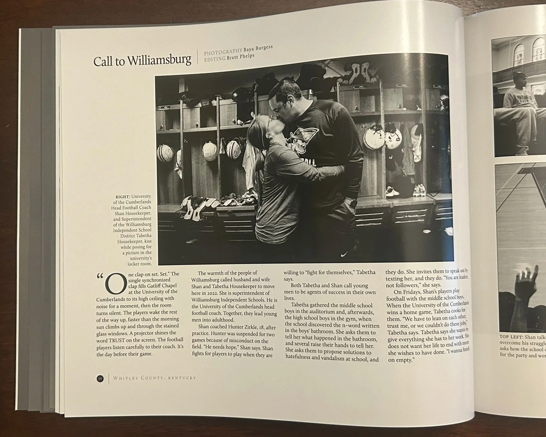 Black-and-white page from a publication showing a photograph of two people, likely a coach and a young man, in a locker room. The coach is standing and leaning towards the young man who is kneeling. The background has shelves with helmets, shoes, and sports equipment. The heading reads 'Call to Williamsburg'.