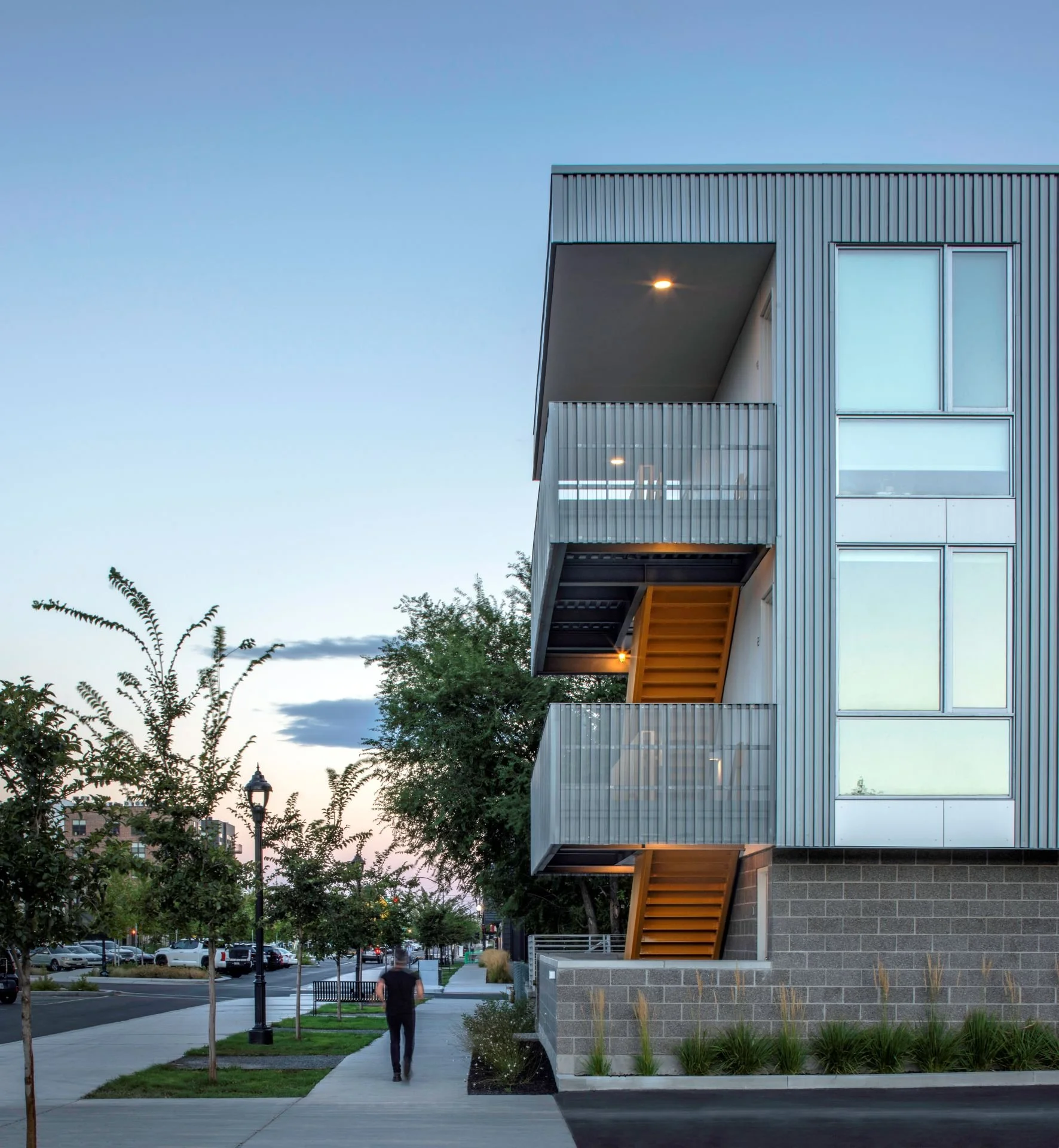Street approach to Central Ninth apartments designed by Sparano + Mooney Architecture in Salt Lake City