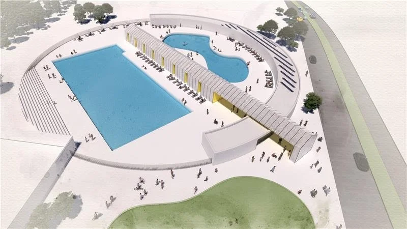 Bird's eye render of circular aquatic center designed by Sparano + Mooney Architecture in California.