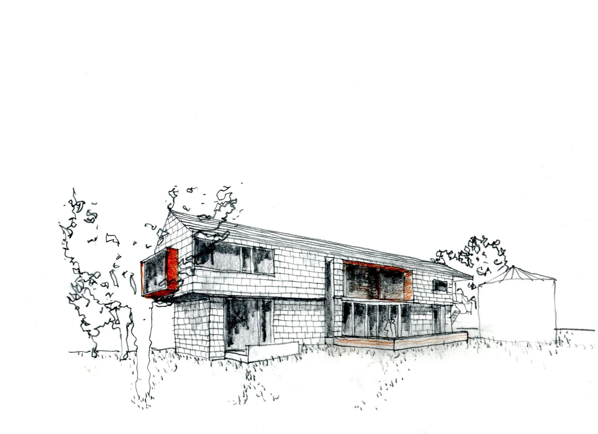 Thaynes Canyon Residence exterior sketch of back facade with wood shakes and extruded metal window frames, near a grain bin