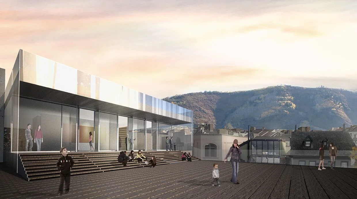 Perspective render of rooftop patio and Park City views designed by Sparano + Mooney Architecture