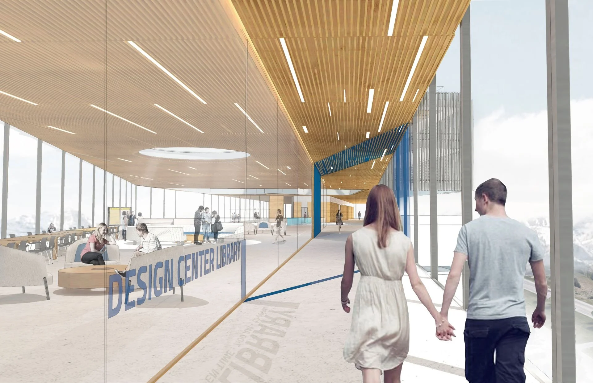 University design center corridor with wood ceiling and glass views in Utah designed by Sparano + Mooney Architecture