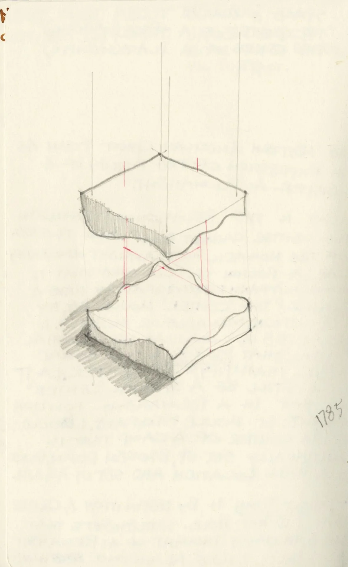 Sketch of two textured, uneven, irregularly shaped rocks or slabs, one above the other, with red vertical lines connecting the top slab to the bottom, indicating alignment or measurement. The drawing is shaded and dated 1785 in the bottom right corne