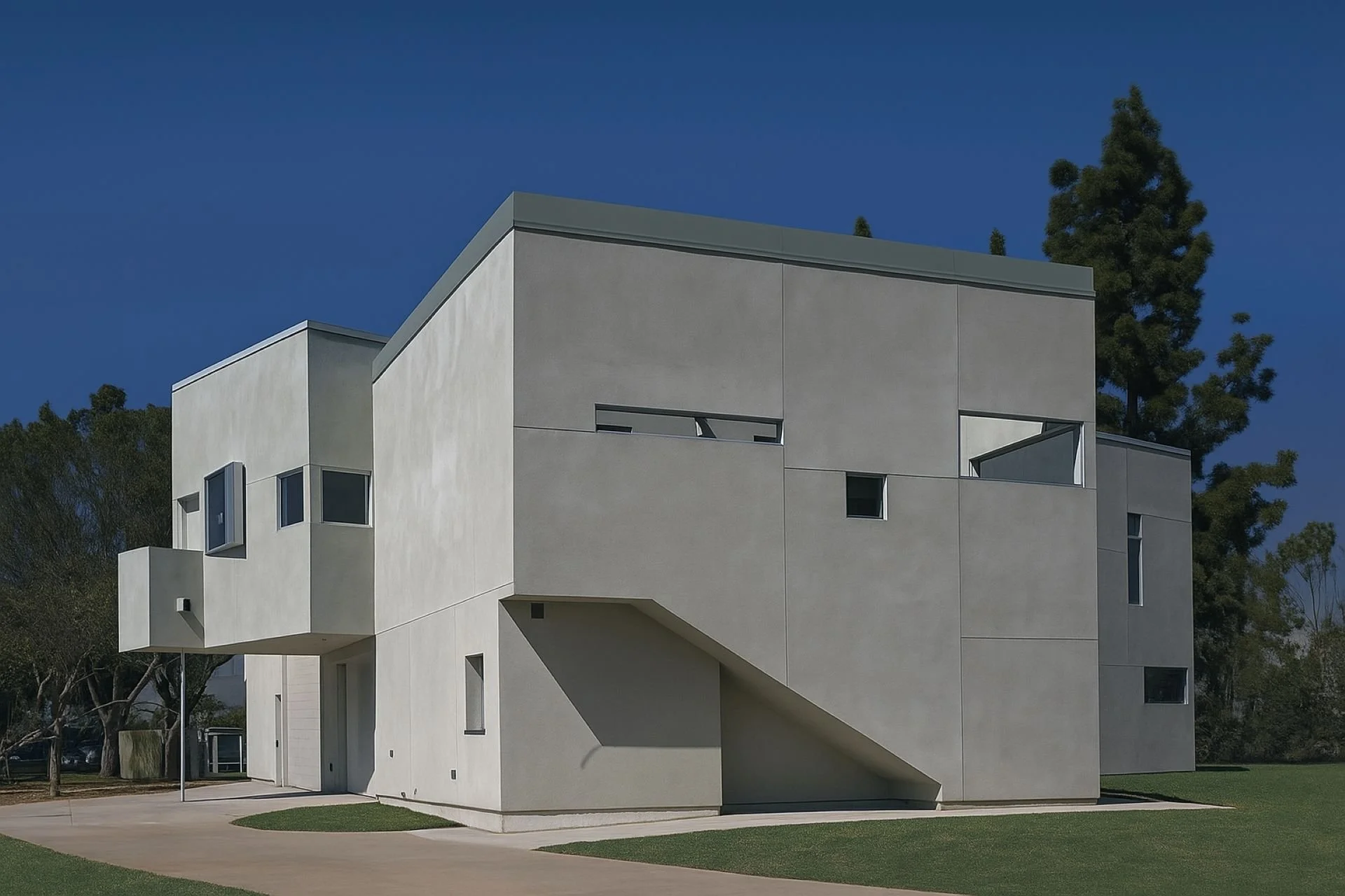 Modern white multi-story building with geometric design and small windows, set against a blue sky with trees in the background.