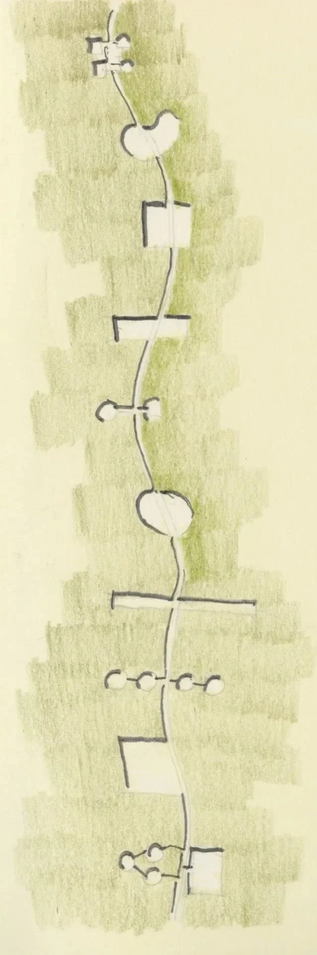A simple hand-drawn diagram of a process pipeline with interconnected components, including circles and rectangular blocks, on a light green background.