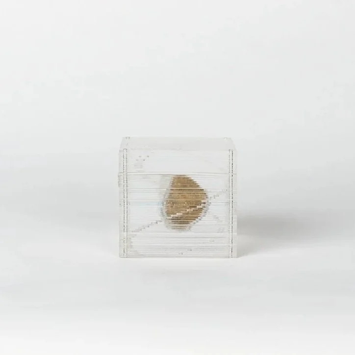 Glashausen heuristic device elevation of a transparent acrylic cube with an object at the center designed by Sparano + Mooney Architecture
