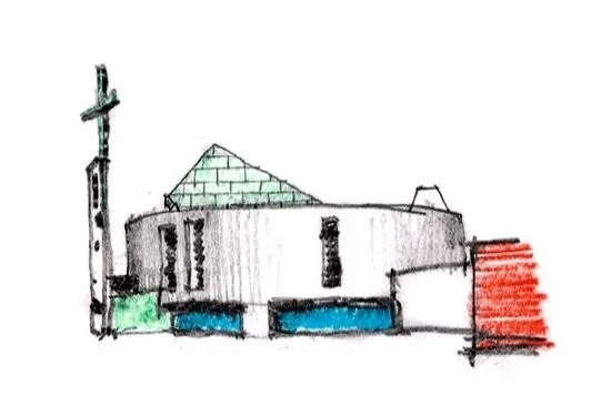 Saint Joseph the Worker perspective sketch study of church exterior, green cross and roof aperture designed by Sparano + Mooney Architecture