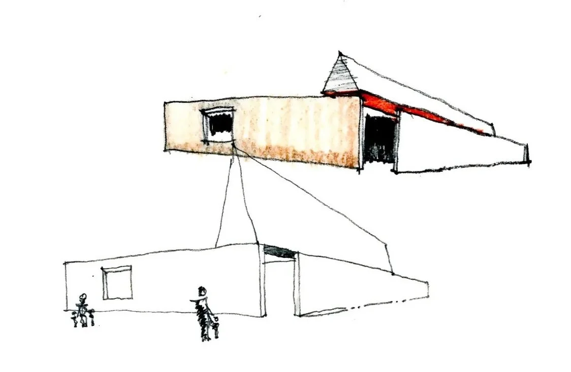 Topaz Museum perspective sketch of building facade with variations of pitched roofs designed by Sparano + Mooney Architecture