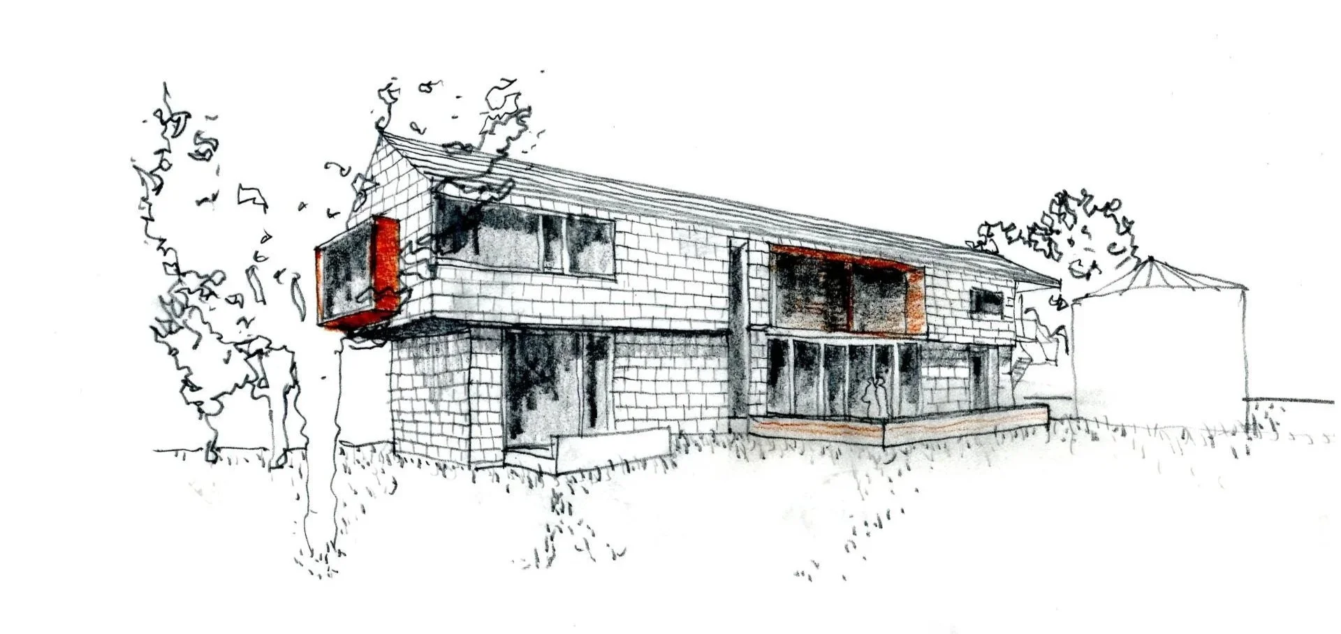 Thaynes Canyon Residence exterior sketch of back facade with extruded metal window frames and wood shakes, near a grain bin