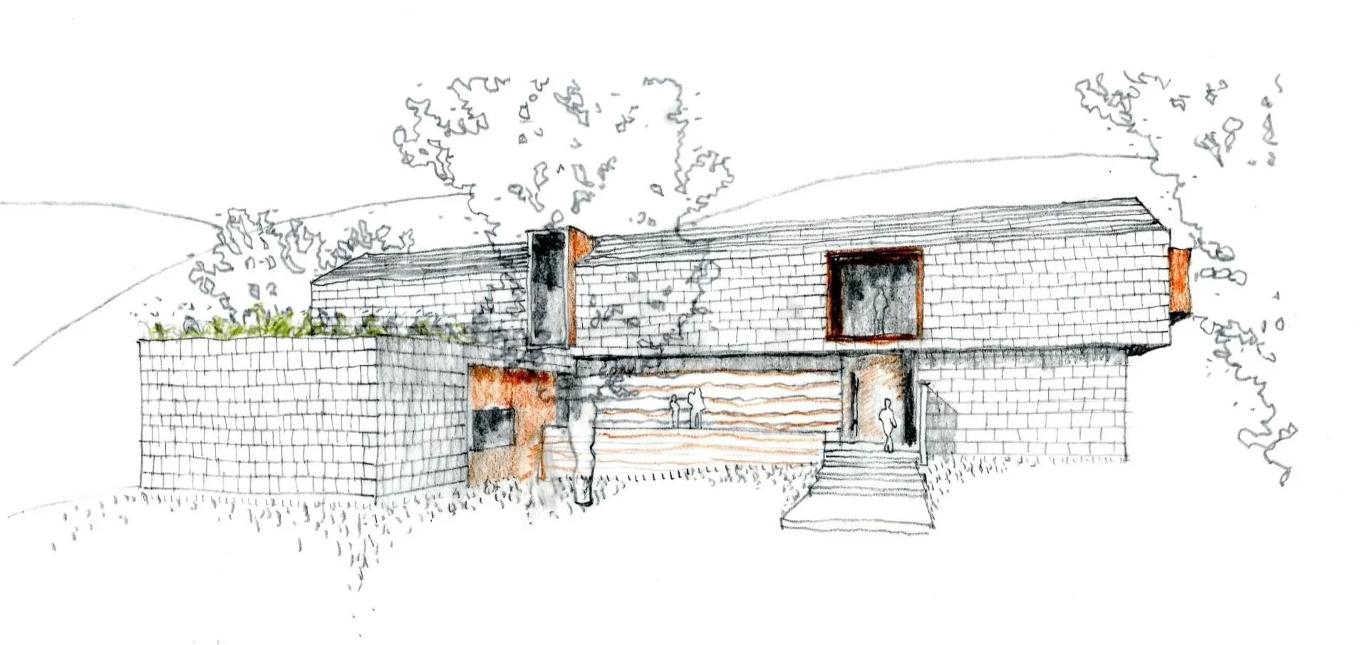 Thaynes Canyon Residence exterior sketch of front facade with wood shakes, extruded metal window frames, and stacked massing volumes