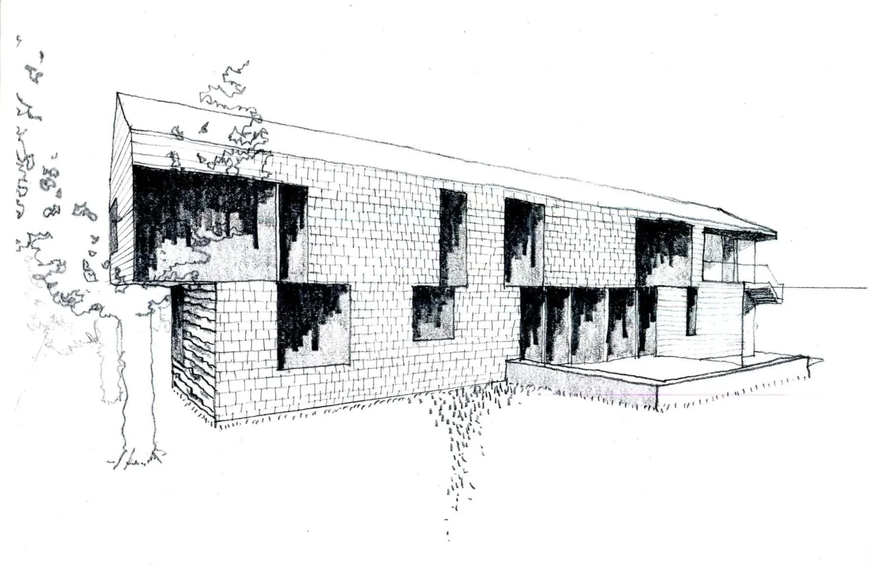 Thaynes Canyon Residence exterior pencil sketch of a two-story home, wood shakes and outdoor patio