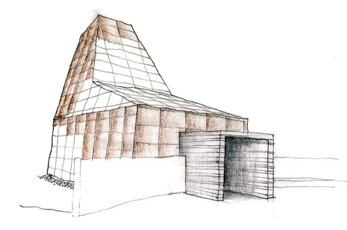 Saint Joseph the Worker exterior sketch of gridded metal chapel with aperture pointing to sky, designed by Sparano + Mooney Architecture