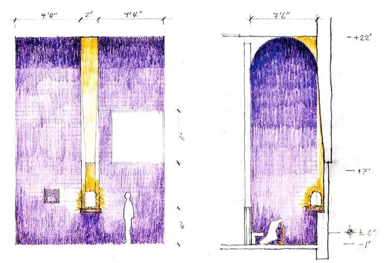 Saint Joseph the Worker tabernacle sketch with large glowing purple interior walls, designed by Sparano + Mooney Architecture
