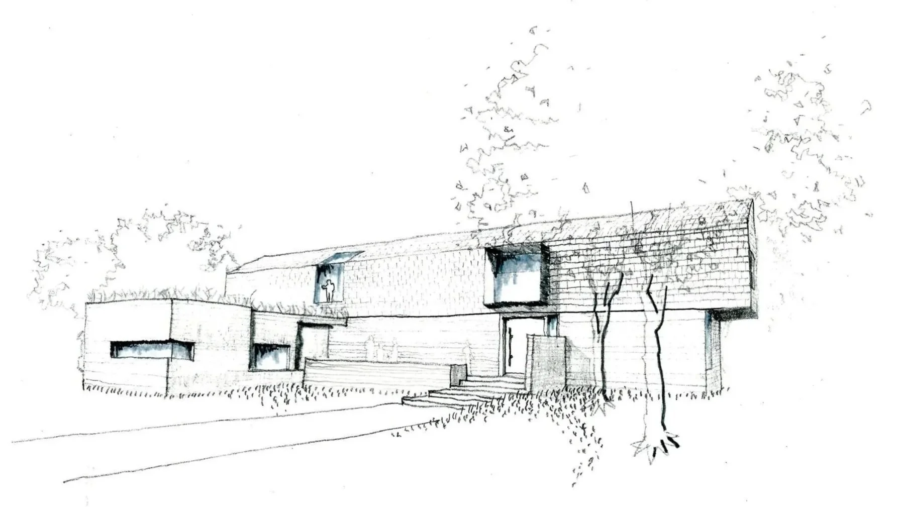 Thaynes Canyon Residence exterior sketch two-story home surrounded by large trees, with stacked massing volumes of board-formed concrete and wood shakes