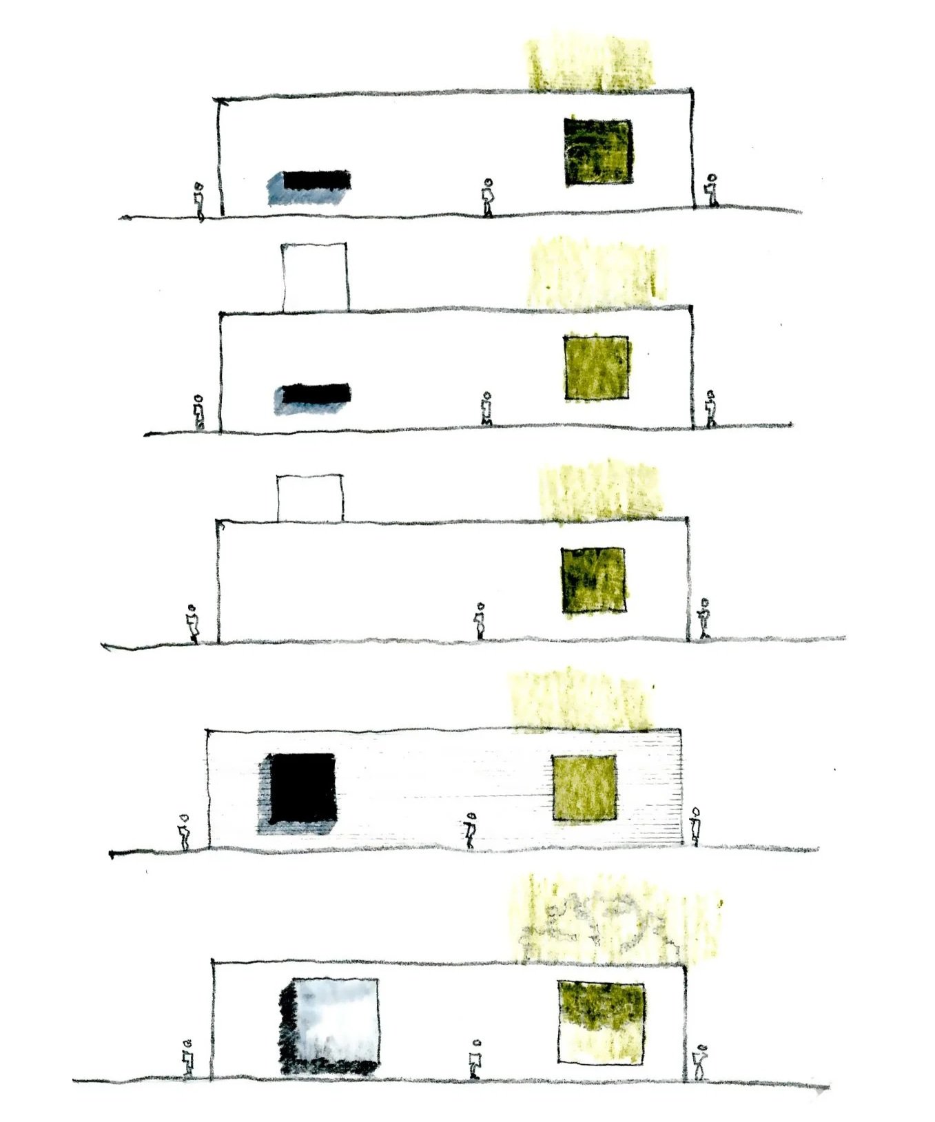 Topaz Museum sketch series of exterior elevation showing multiple variations of aperture sizing designed by Sparano + Mooney Architecture