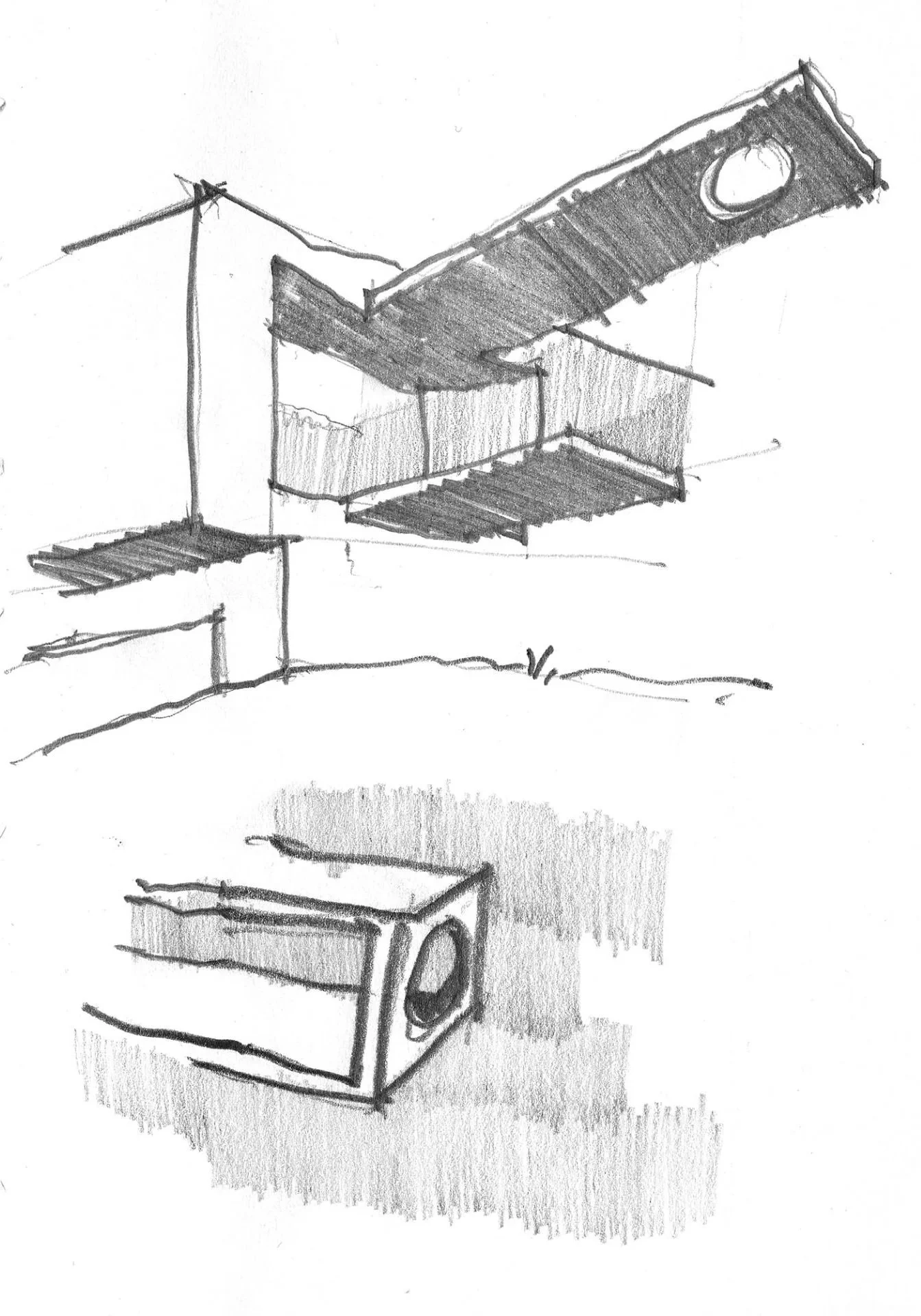 Glashausen perspective sketch of roof overhangs with circular oculus designed by Sparano + Mooney Architecture