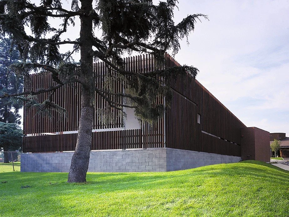Rear facade of CMU brick and metal louvers for California Arcadia Museum designed by Sparano + Mooney Architecture