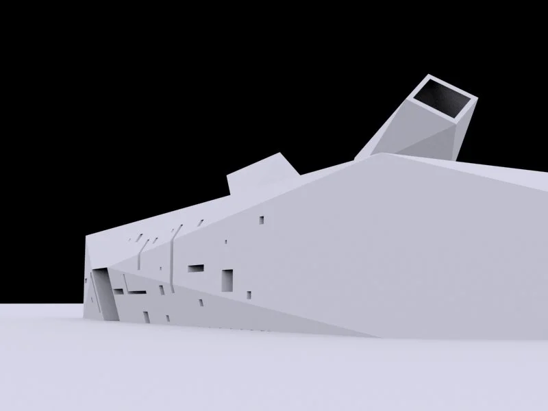 Exterior render of Santa Fe Springs Performing Arts Center with large roof massing designed by Sparano + Mooney Architecture