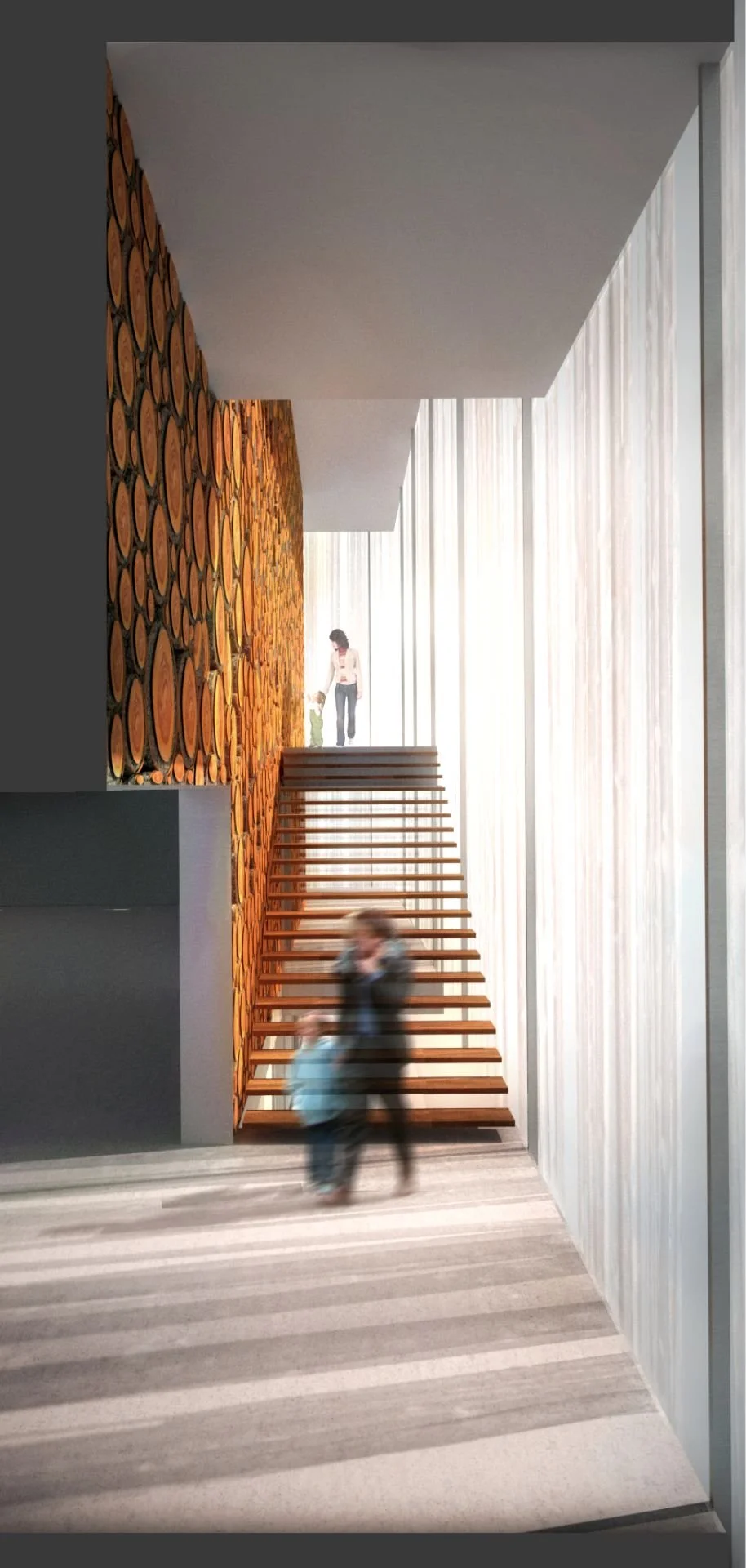 Render of people on focal stair along glass facade and wood mural designed by Sparano + Mooney Architecture