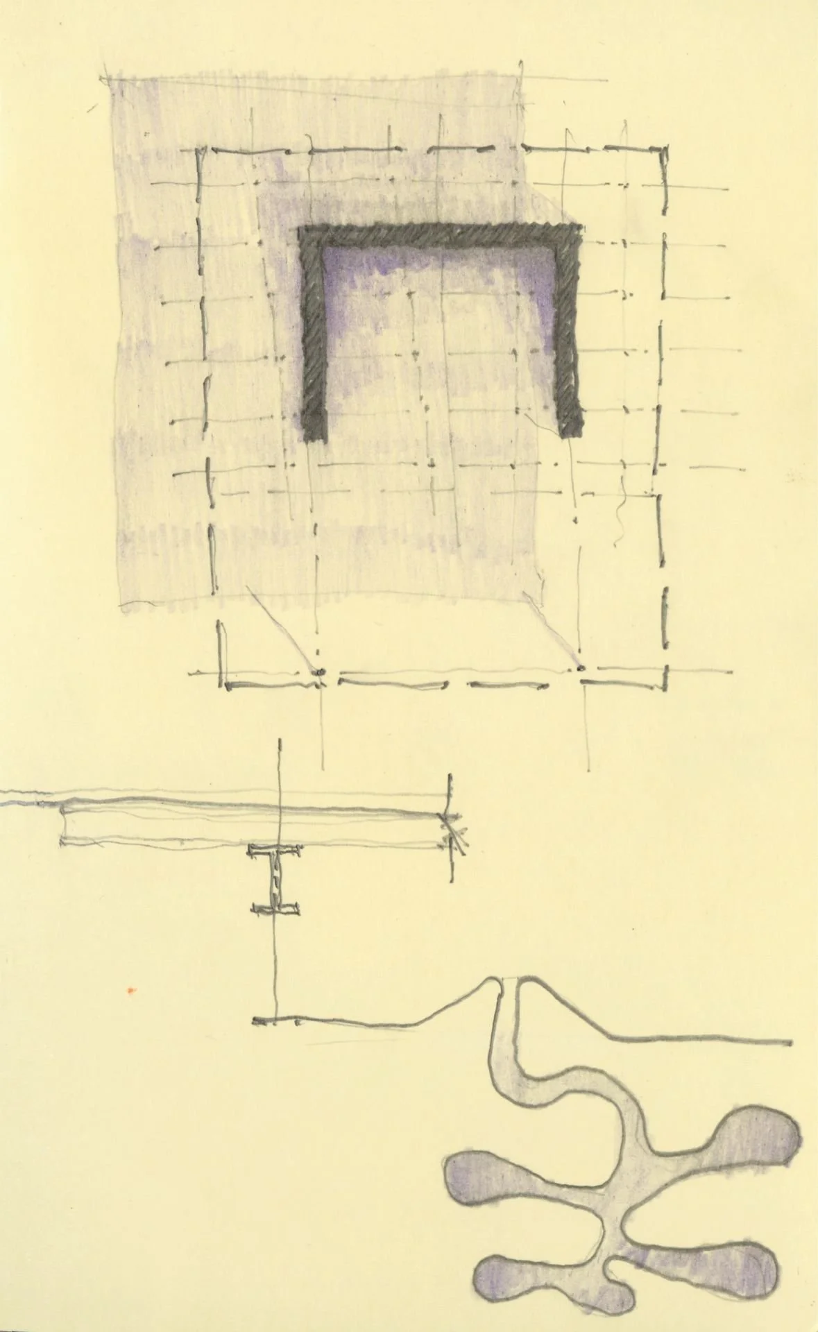 Hand-drawn architectural sketch of a building layout, including a central square area and an underground structure with a water feature or pond.