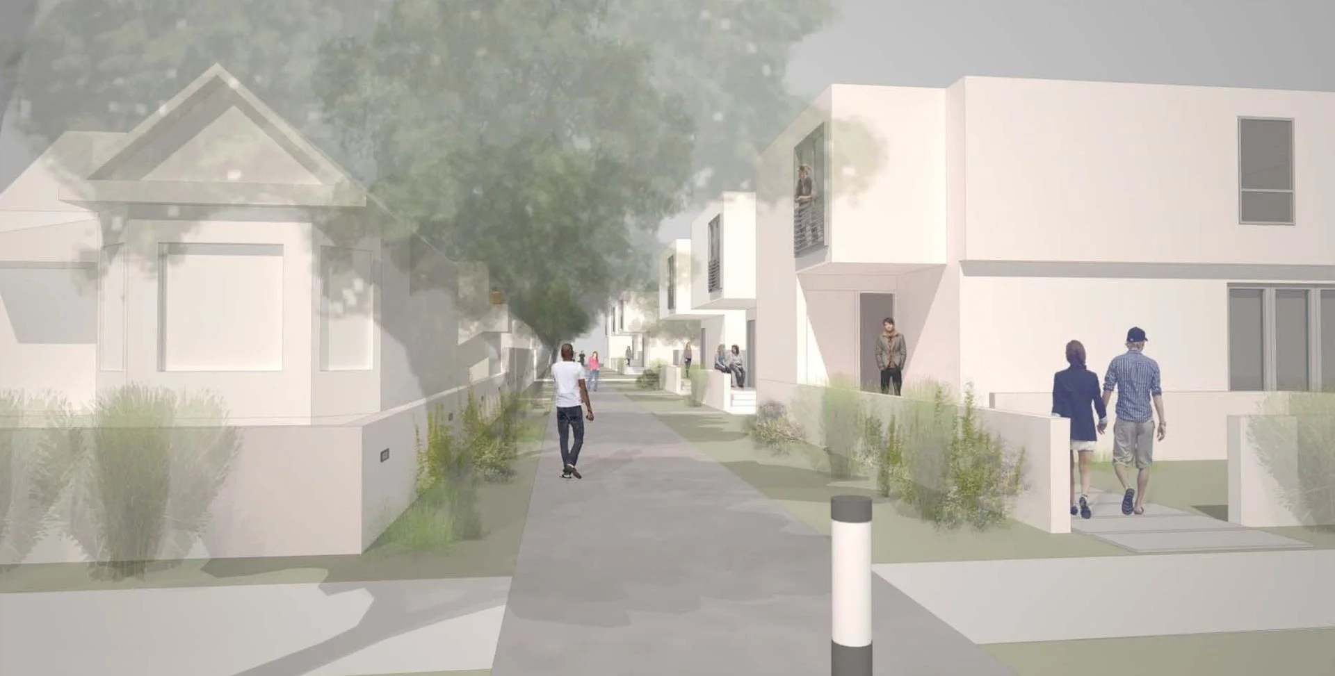 Rendering of a residential neighborhood with modern white houses, people walking on the sidewalk, and a large tree in the background.