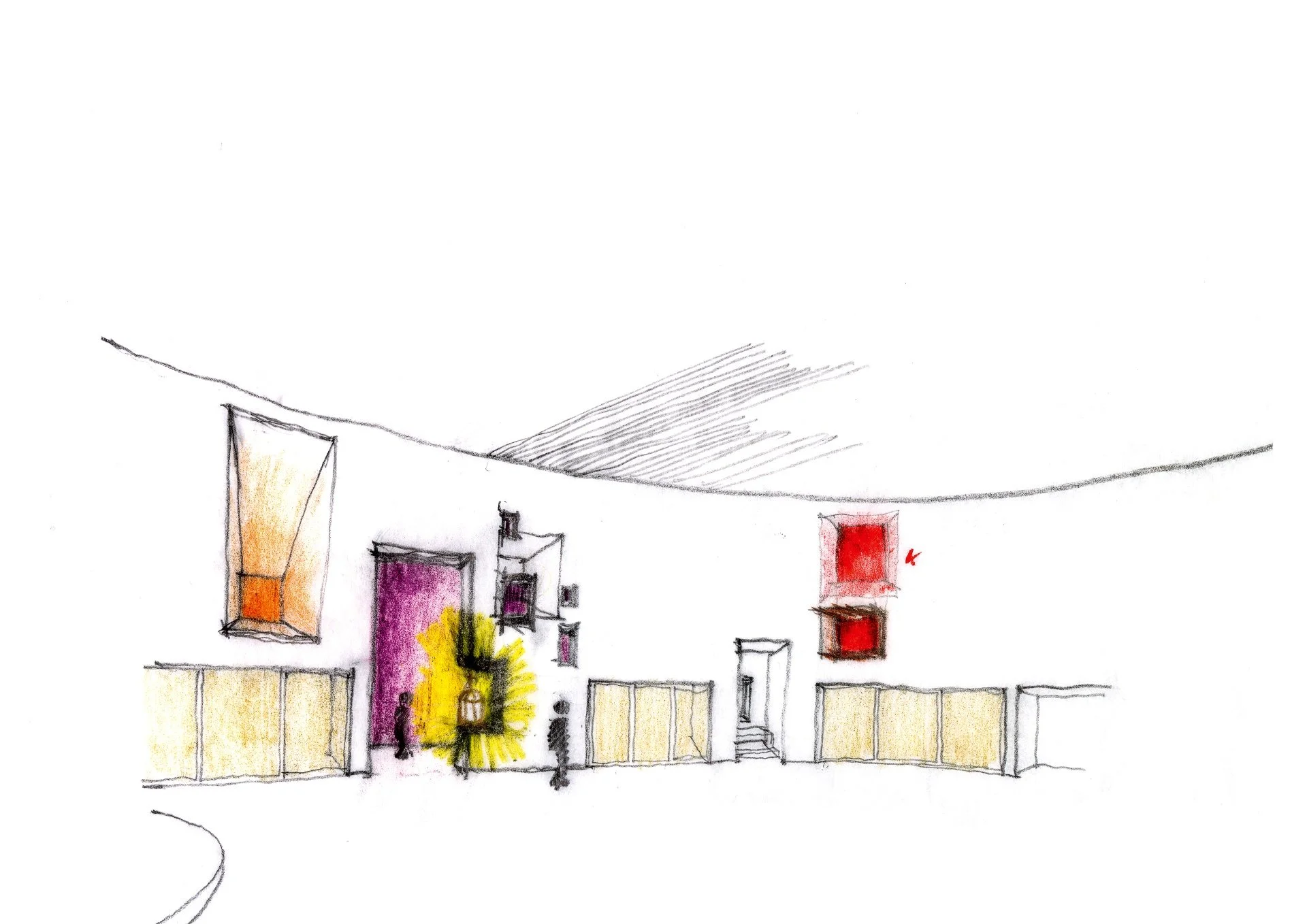 Saint Joseph the Worker interior perspective sketch of colored aperture light wells at exterior wall, designed by Sparano + Mooney Architecture