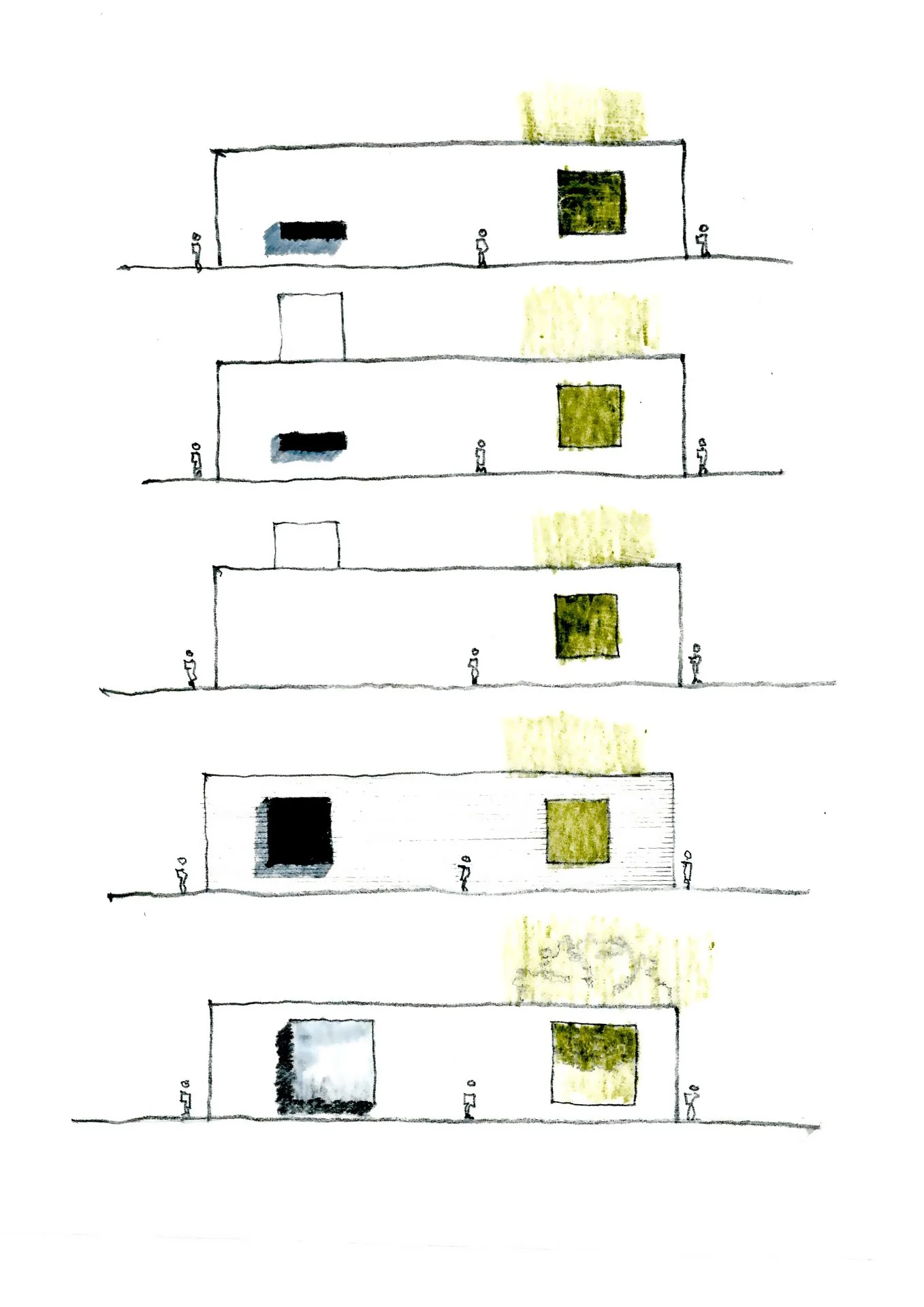 Topaz Museum sketch series of exterior elevation showing multiple variations of aperture sizing designed by Sparano + Mooney Architecture