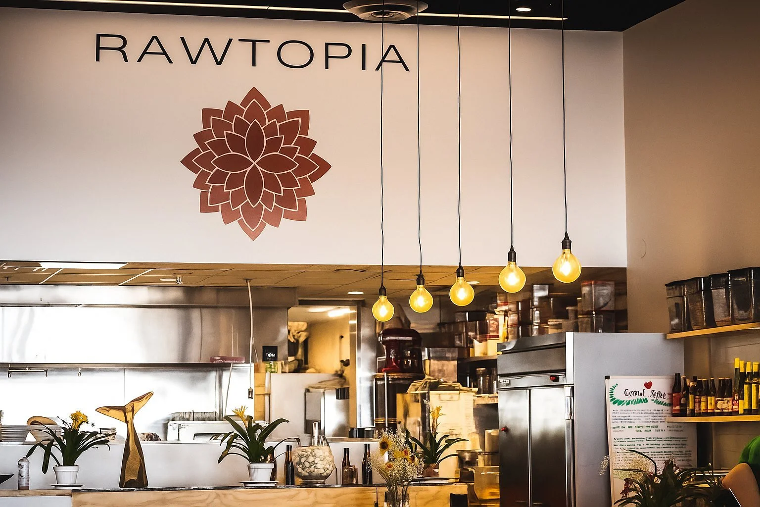Rawtopia logo above kitchen and cafe designed by Sparano + Mooney Architecture