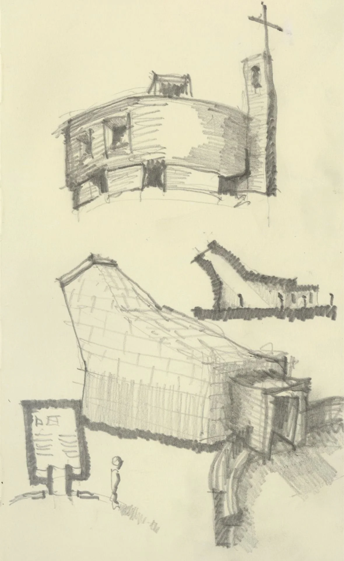 Sketches of buildings, including a church, and a person walking nearby.