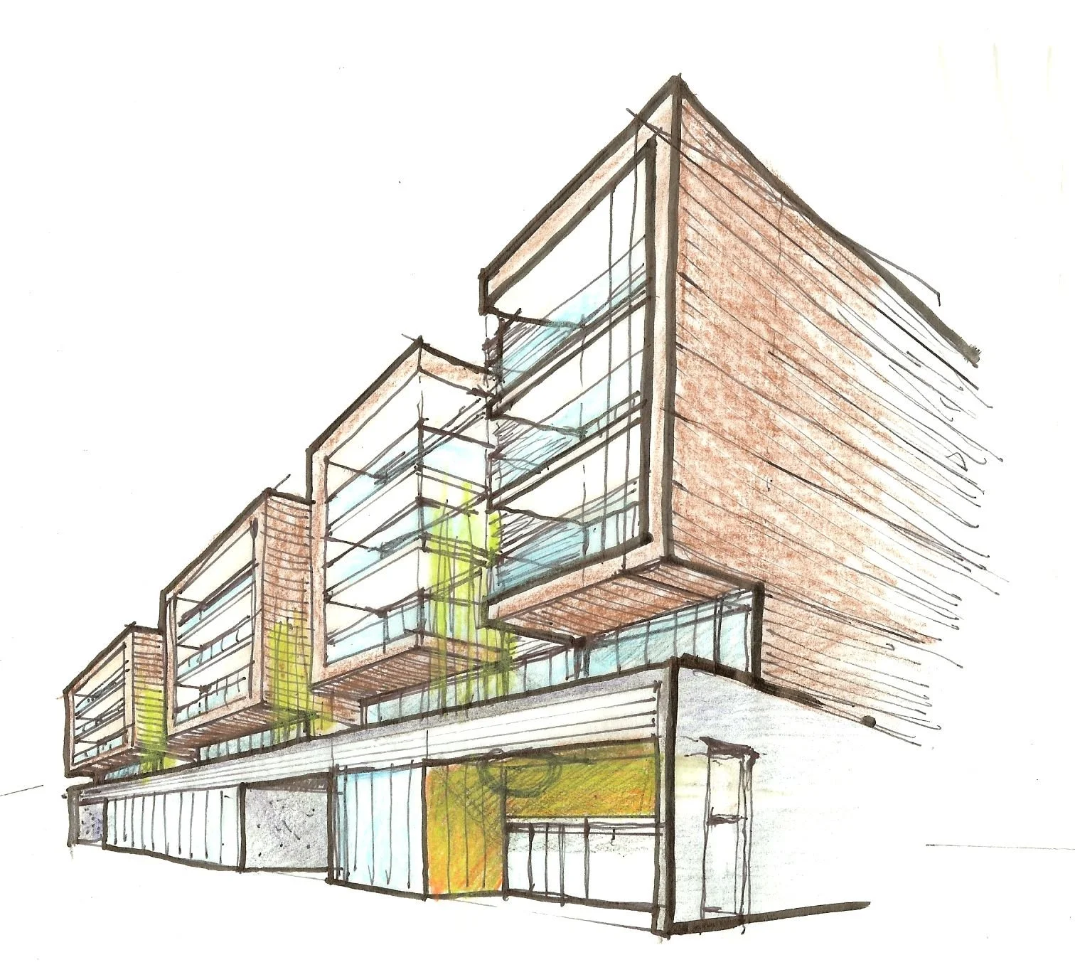 Axonemetric sketch of undulating patios designed by Sparano + Mooney Architecture