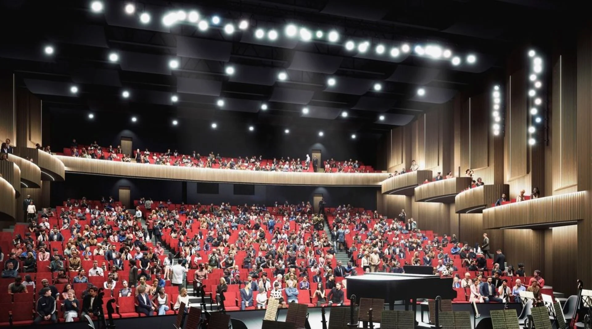 Interior render from performing arts stage looking up towards red seating designed by Sparano + Mooney Architecture