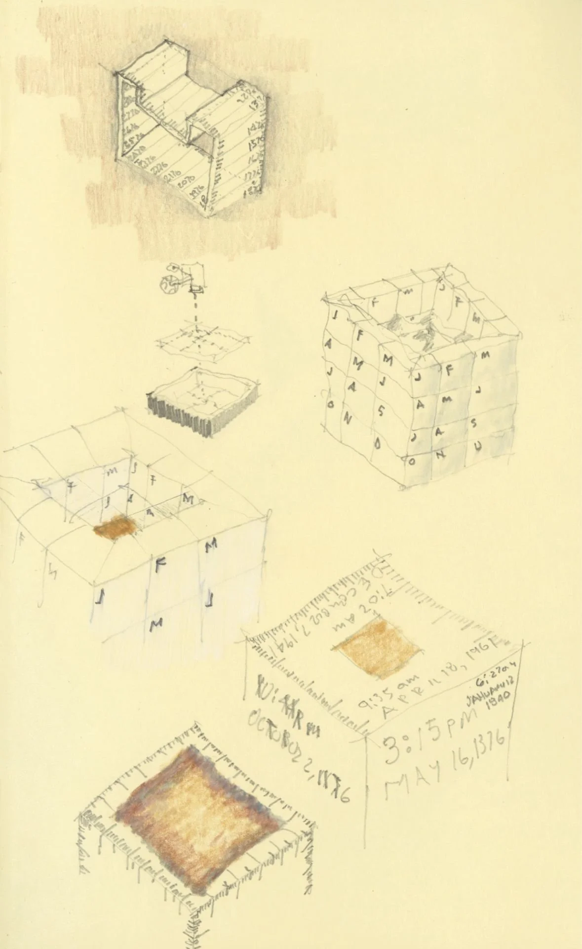 Sketches of geometric shapes, including cubes and grids, with handwritten notes, measurements, and dates.