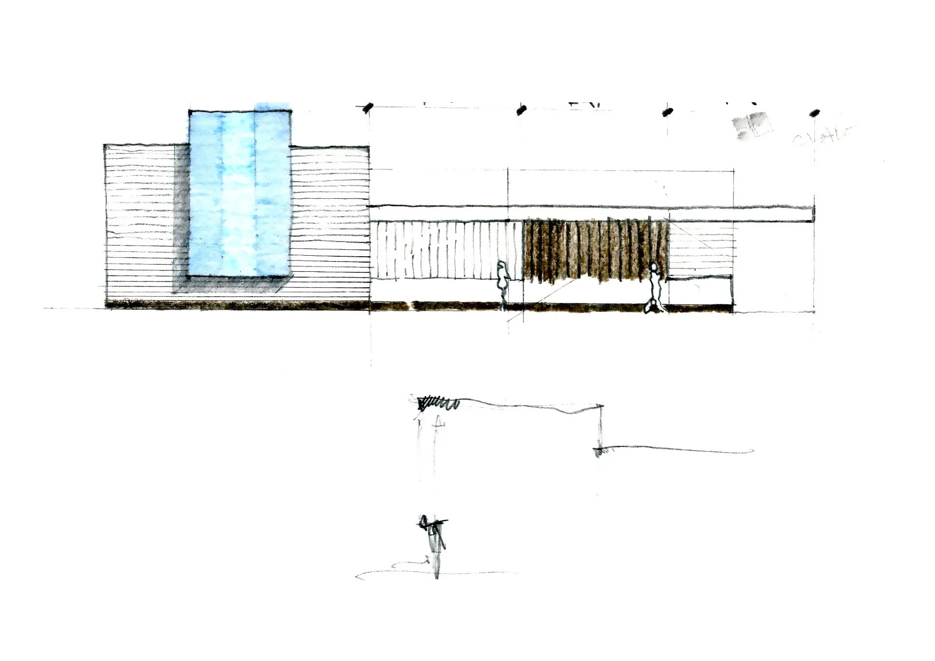 Topaz Museum sketch of exterior elevation with rectilinear stacked massing volumes designed by Sparano + Mooney Architecture