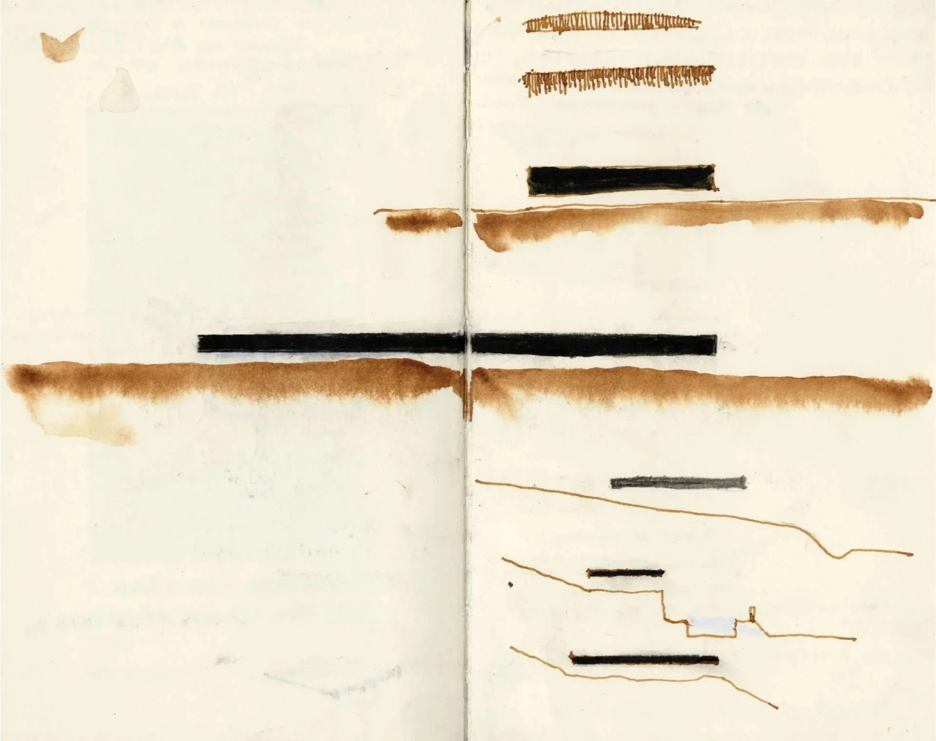 Abstract watercolor drawing with black and brown lines and patches on white paper, with some areas of faded color and sketchy strokes.