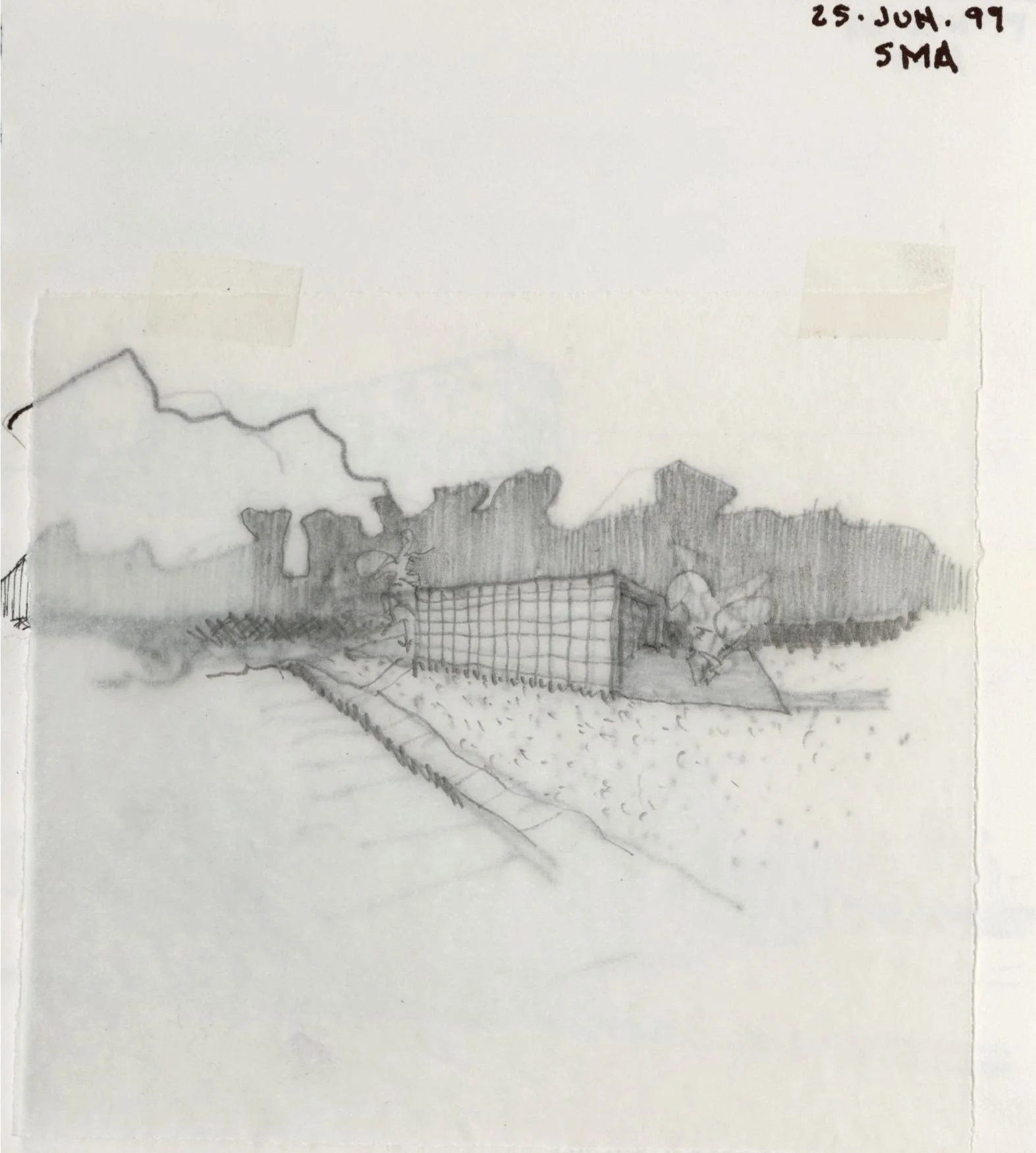 A pencil sketch of a sports field with a goal net and surrounding trees. The drawing is on paper with notes in the top right corner indicating the date '25.Jun.97' and initials 'SMA'.