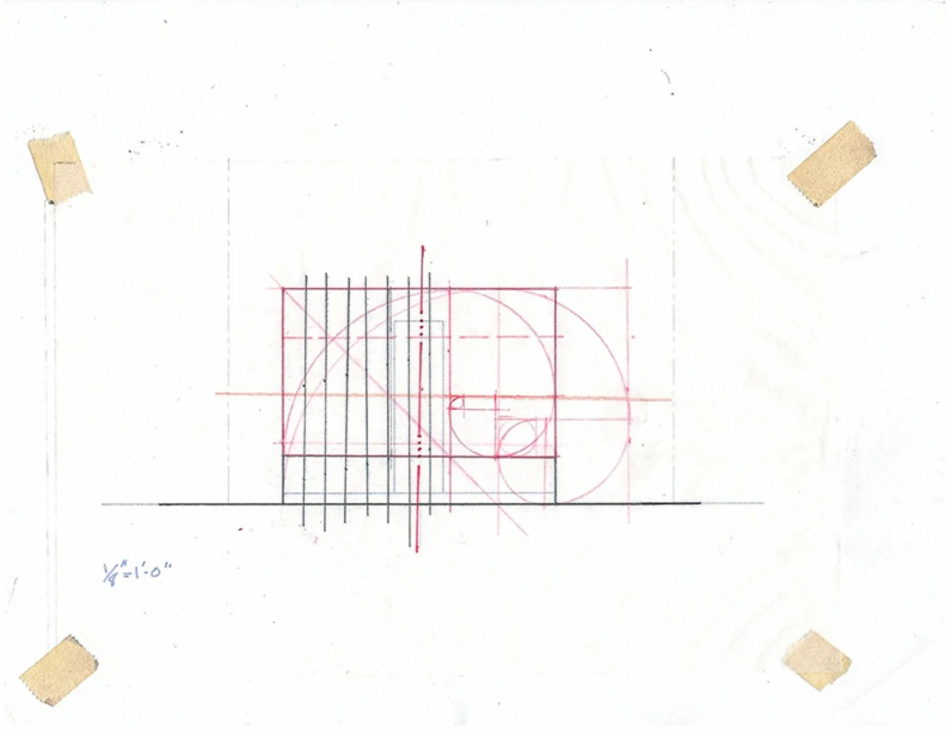 Technical drawing of a geometric design with red, black, and pink lines, featuring a large arc, a smaller arc, grid lines, and annotations.