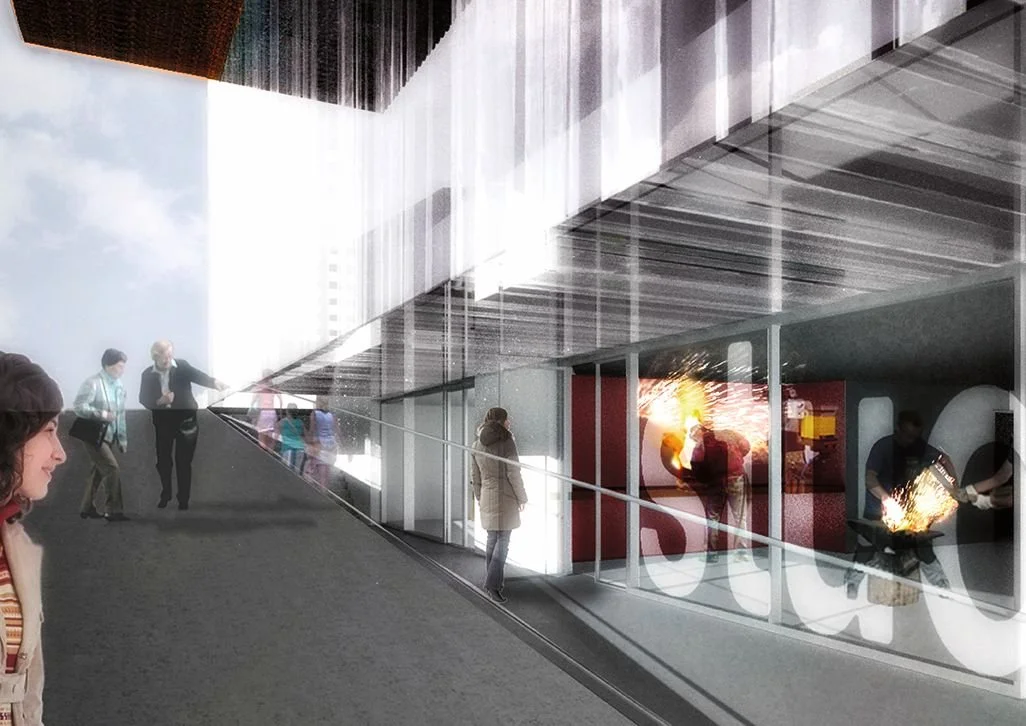 Render of people approaching the sunken glass entrance designed by Sparano + Mooney Architecture