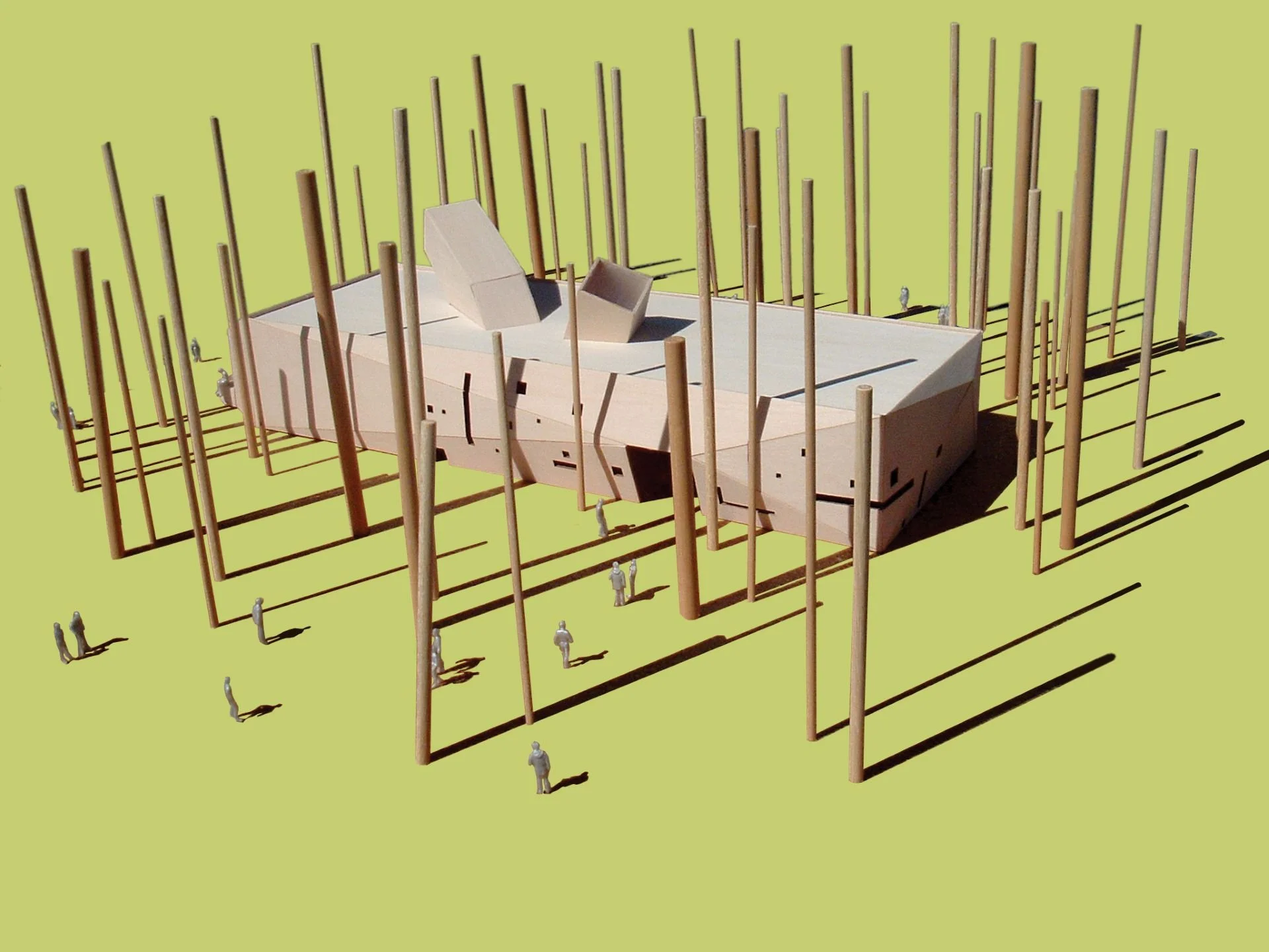 Basswood architectural model of California arts center with wooden dowel trees and green background designed by Sparano + Mooney Architecture