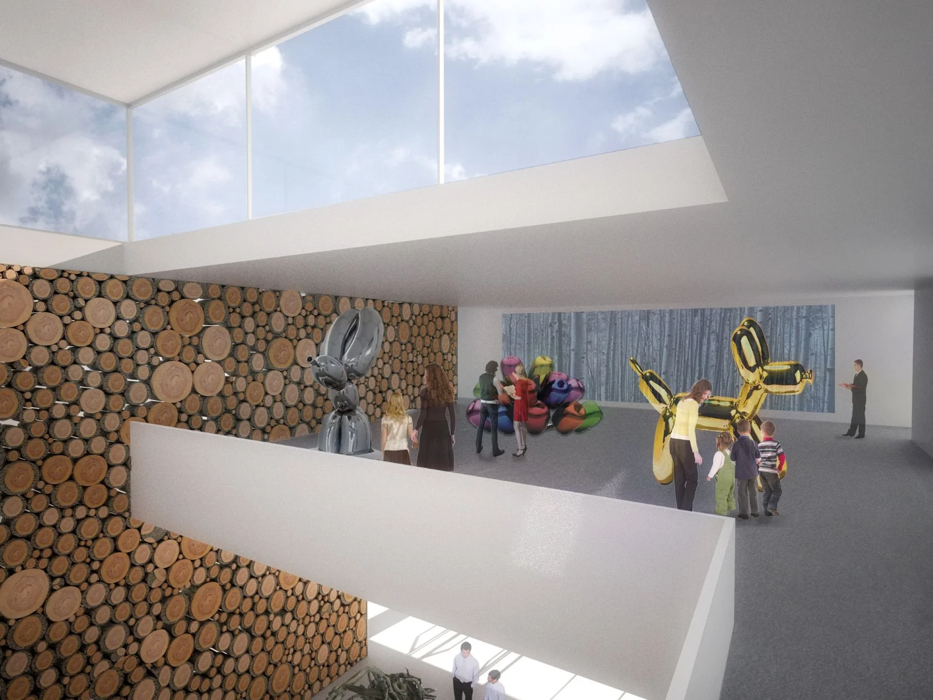 Render of building's mezzanine and skylights on second level gallery designed by Sparano + Mooney Architecture