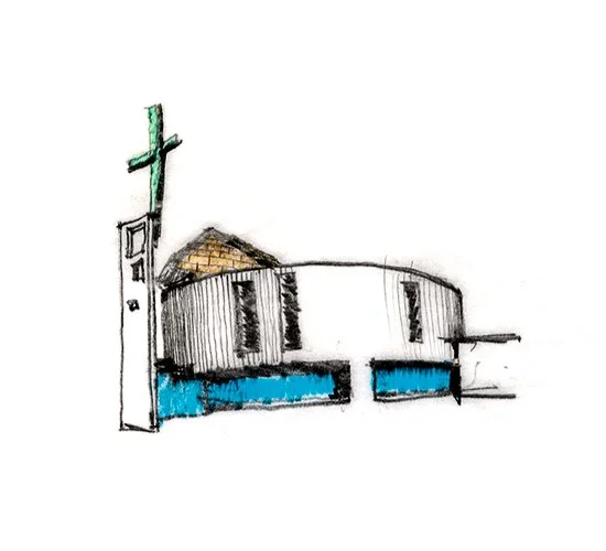 Saint Joseph the Worker perspective sketch study of church exterior, thin bell tower with green cross and gold roof aperture designed by Sparano + Mooney Architecture