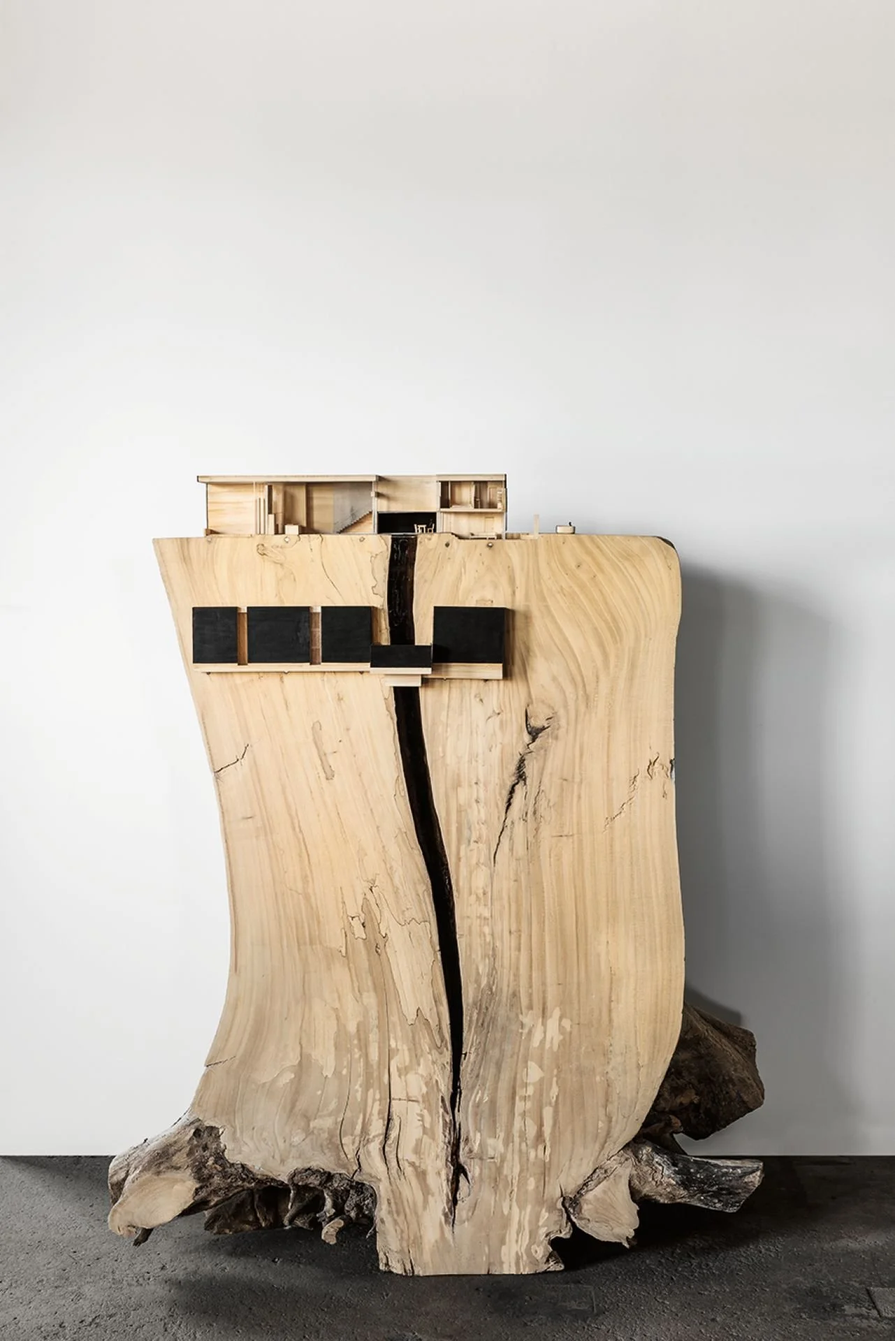 Urban Treehouse architectural section model on a large tree stump with resin finish designed by Sparano + Mooney Architecture