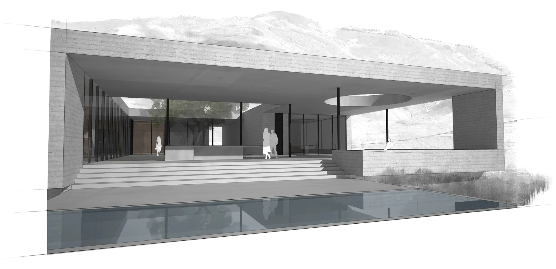Architectural rendering of a modern concrete house with large glass windows, a pool in the foreground, and a stairway leading to the entrance, with several silhouettes of people and mountain landscape in the background.