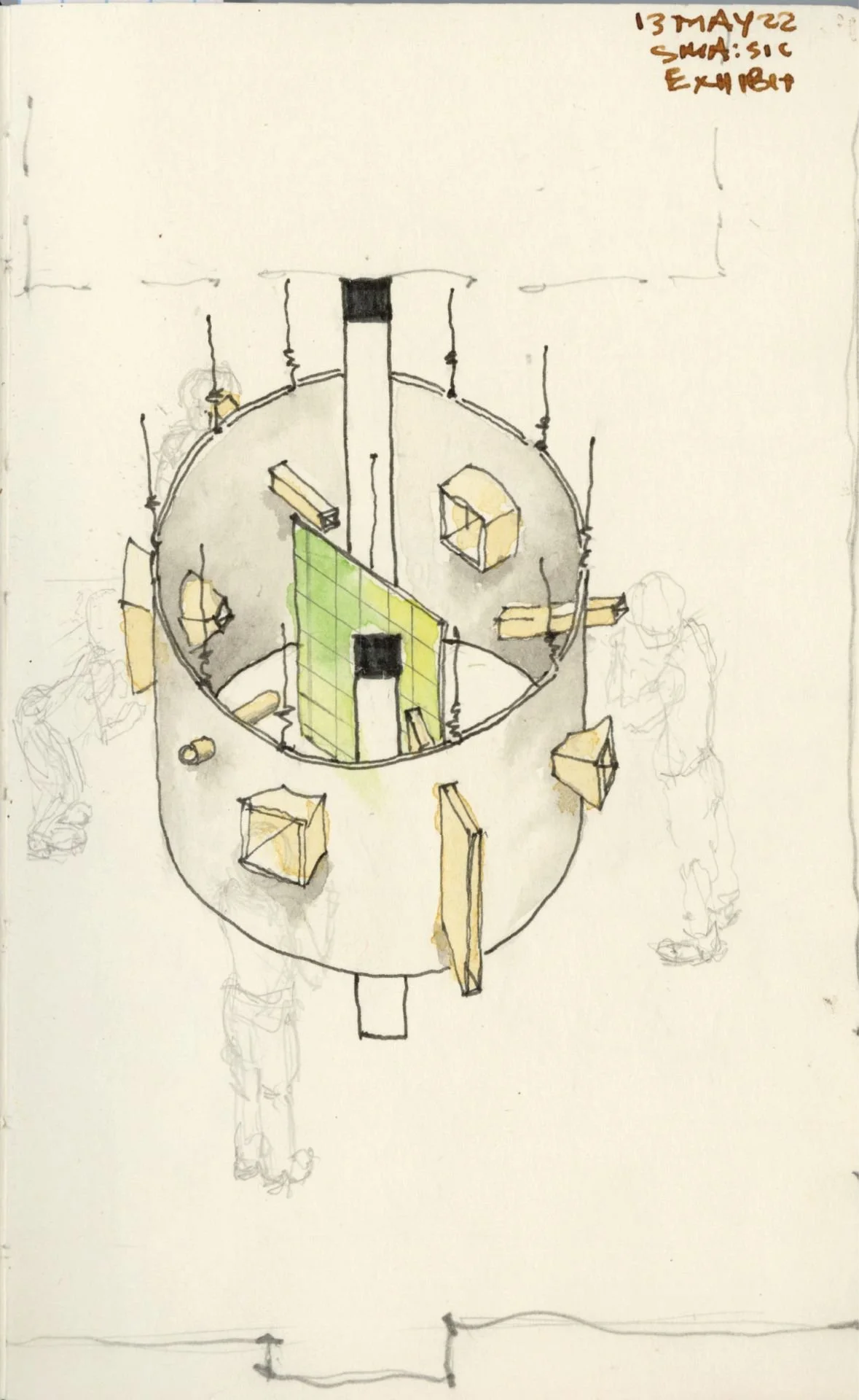 Center Can Not Hold exhibition sketch, cylindrical form with apertures focused on suspended map designed by Sparano + Mooney Architecture