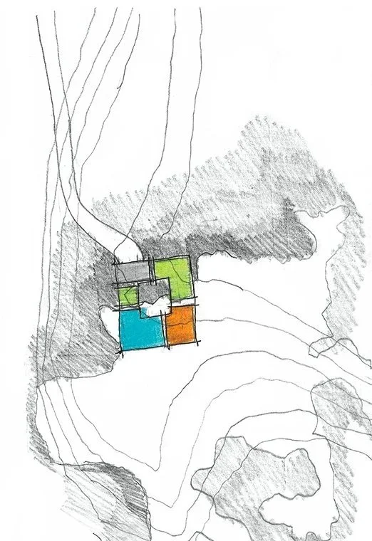Glashausen sketch of square residence with a central courtyard and driveway approach on sloped topography designed by Sparano + Mooney Architecture